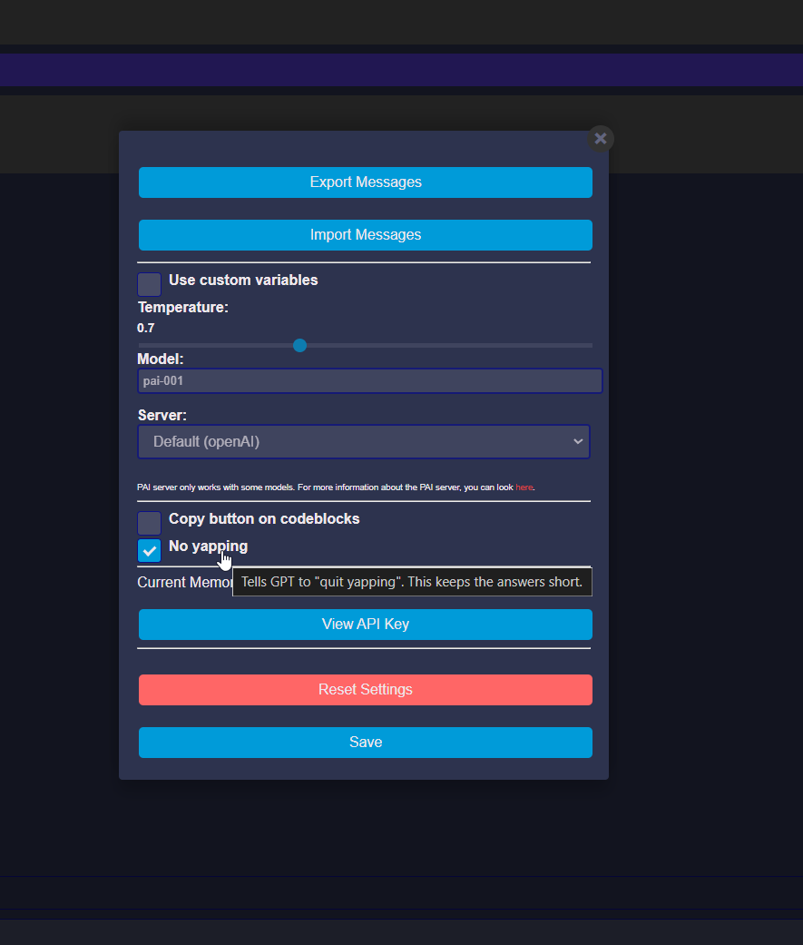 A screenshot describing the feature titled "No yap" mode